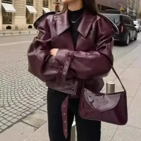2024 레트로 스탠드 칼라 모터사이클 재킷 레드 와인 컬러 PU 가죽 코트 롱 슬리브 여성용 패션 아우터웨어