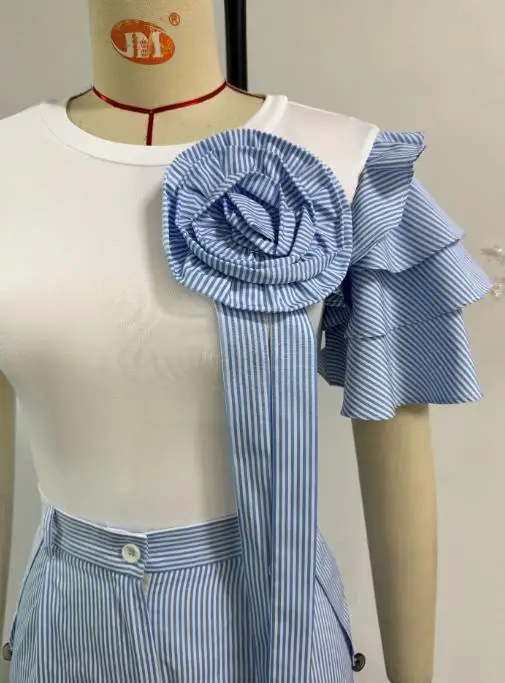 

Women Round Neck Short Sleeve Striped Contrasting Top & Wide Leg Pants Set Female Two-Piece Sets Women's Fashion Pants Outfits