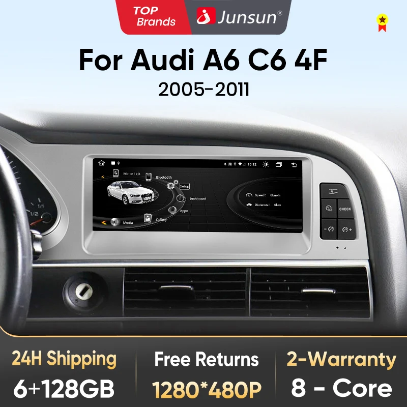 Junsun 8,8-calowe bezprzewodowe radio samochodowe Bluetooth CarPlay Android Auto do Audi A6 C6 4F 2005-2011, 8-rdzeniowy odtwarzacz multimedialny z 4G WiFi.