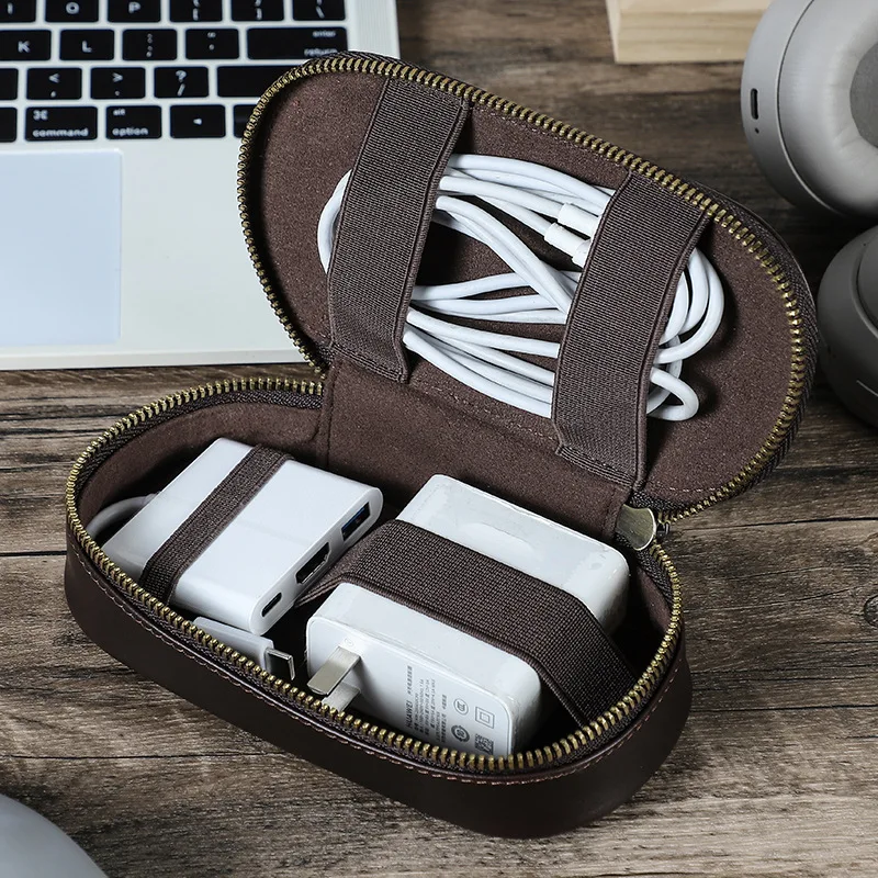 Handcrafted Full Grain Leather Digital Accessories Storage Bag Portable Travel Charger Cable Organizer Cross-Border