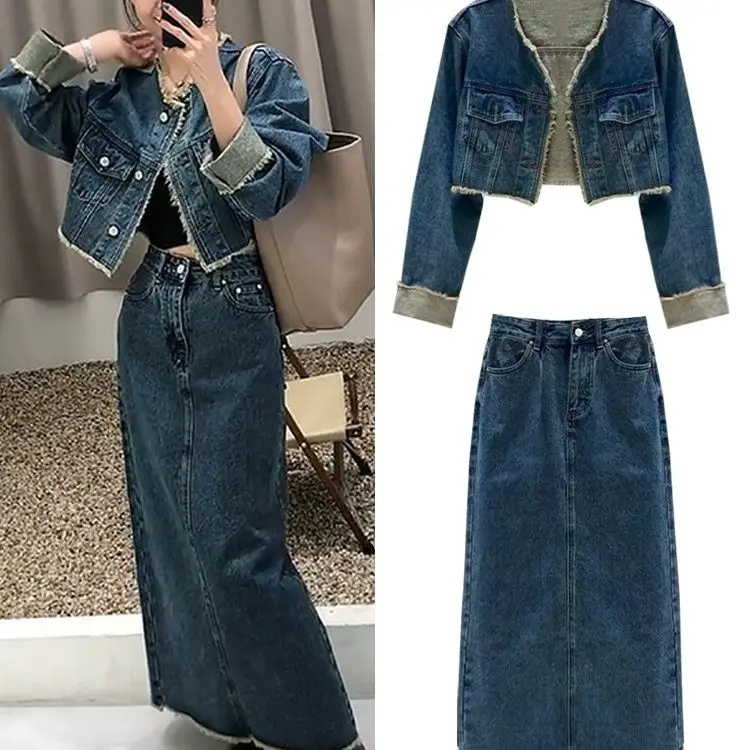 Nuovo abito in denim retrò moda autunnale 2025 versione coreana straniera giacca corta sottile versione europea set da due pezzi