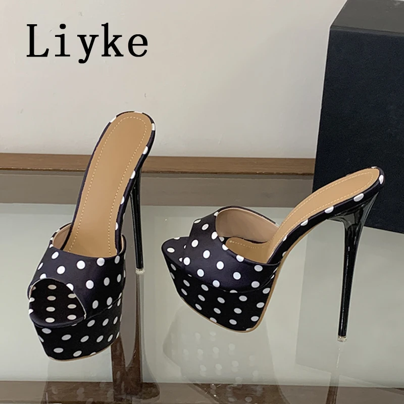 

Летние модные шелковые туфли на платформе в горошек Liyke для женщин, туфли с открытым носком для банкетов и вечеринок, босоножки на шпильке, размер 42