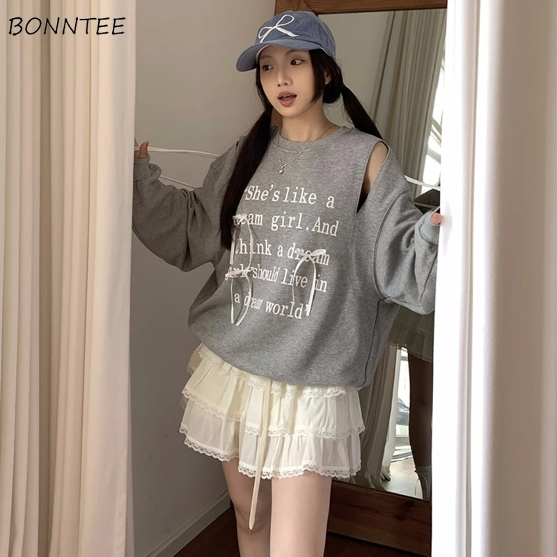 Sweatshirts Women Trendy Letter Printed Sweet Bow Design Hollow Out Casual Young Students Popular Korean Fashion Autumn Loose