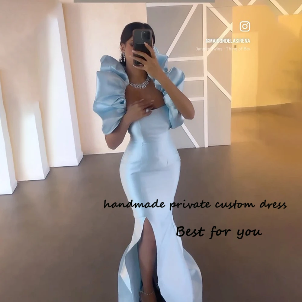 

Sky Blue Mermaid Evening Dresses with Slit Square Neck Arabian Dubai Prom Dress Floor Length Ruched Satin Evening Party Gowns