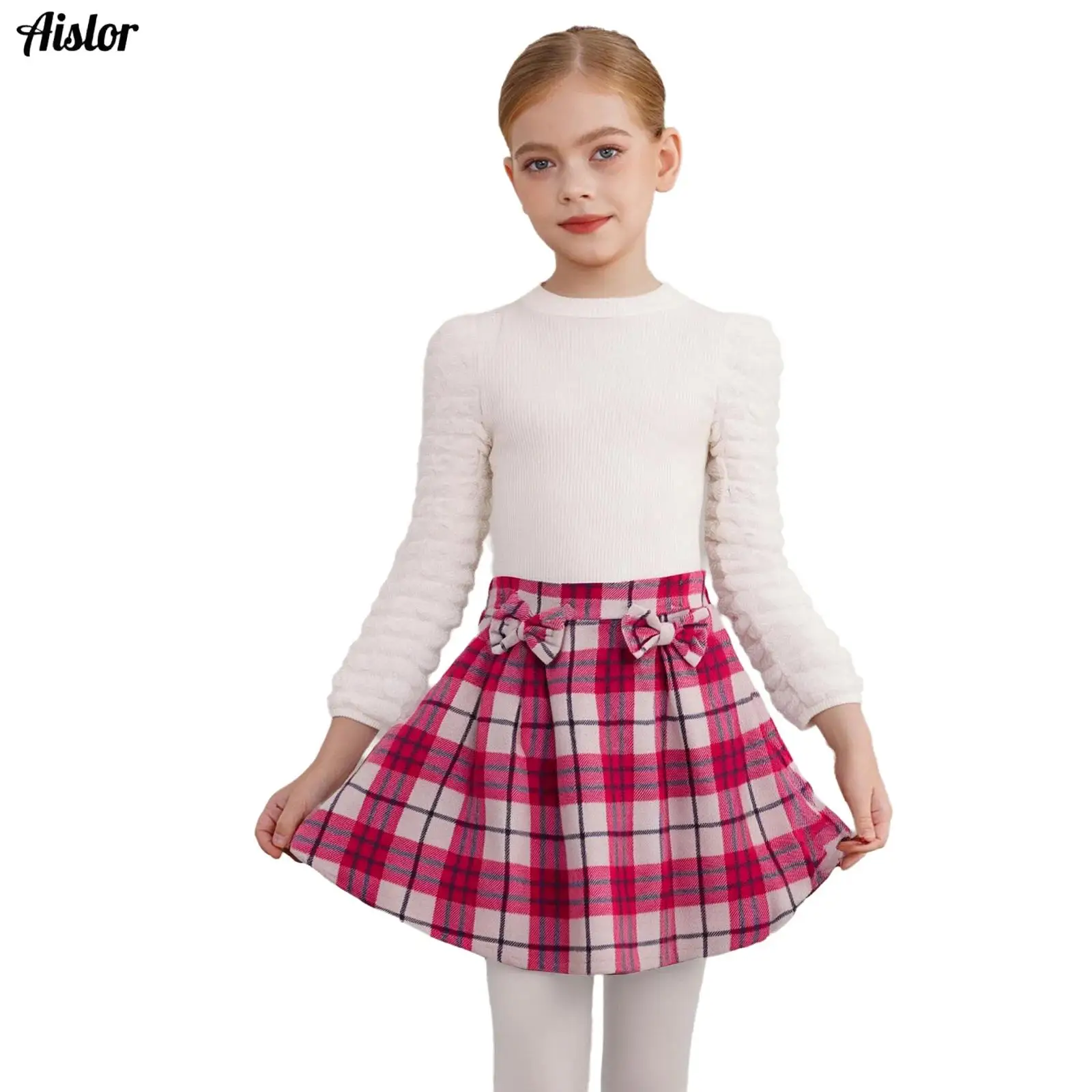 

Kids Girls 2-Piece Casual Outfit Long Puff Sleeves Ribbed Top+Bowknot Plaid Skirt for Birthdays Family Party Flower Girls Dress