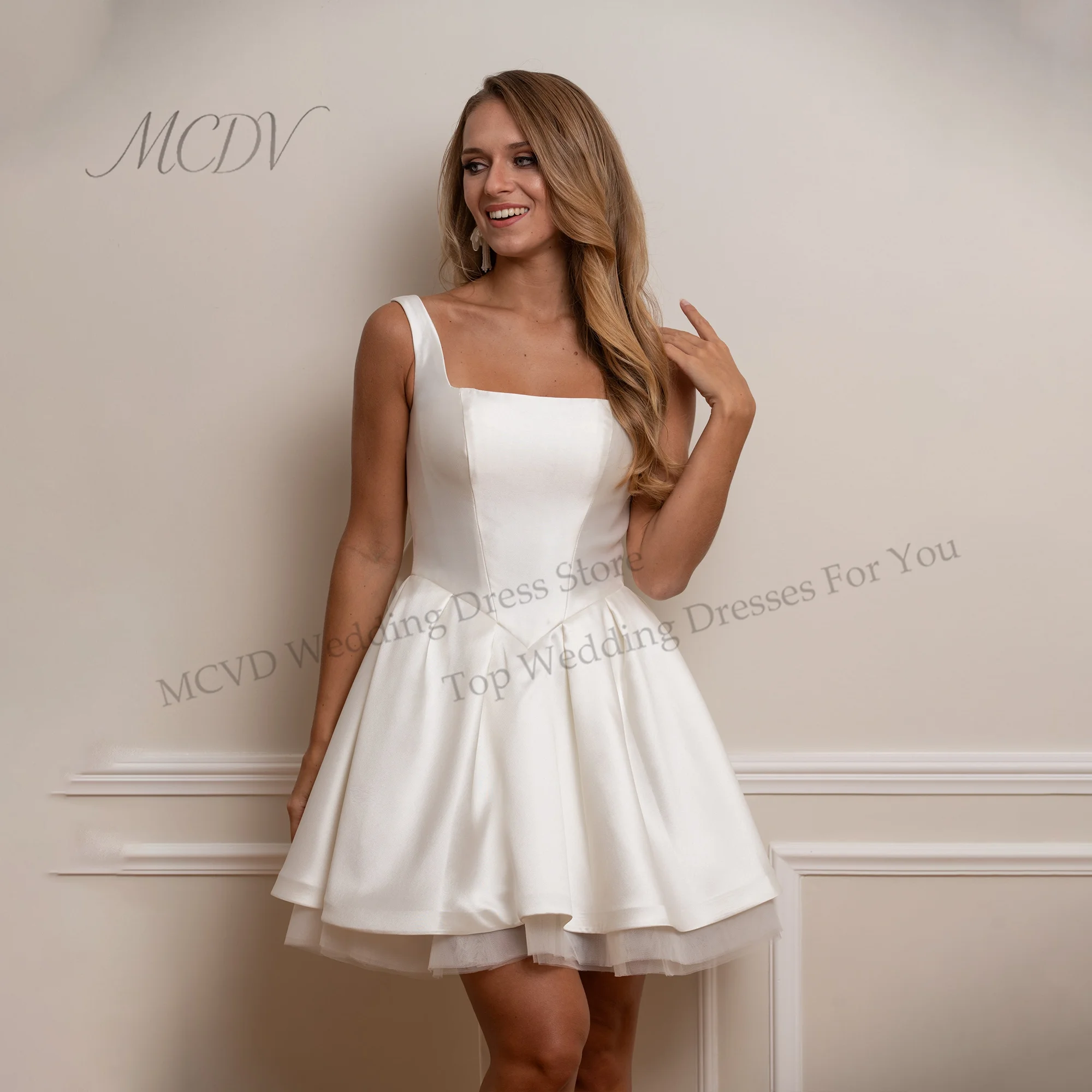 Customized Square Neck Satin Short Wedding Dress A Line Sleeveless Bridal Gown Simple Zipper Back Civil Wedding Reception Dress