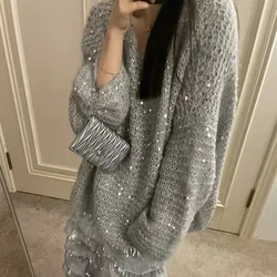 Vintage Sequined Women's Wool Sweaters Elegant Long Sleeve Loose Cashmere Jumper Female Oversized Loose Knitted Pullover