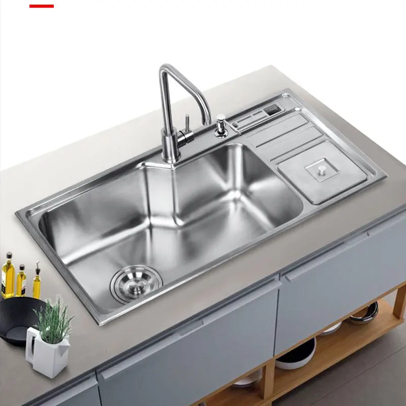 304 Stainless Steel Kitchen Sink Set Multi-Functional Sink Thickened Knife Holder Basin with Trash Can Large Single Slot