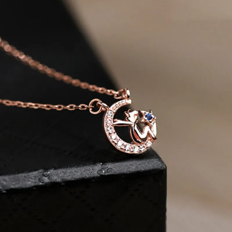 The Little Prince Moon Star Rose Gold Color Clavicle Chain Cubic Zirconia Necklace For Women Girls Fashion Jewelry SN2417