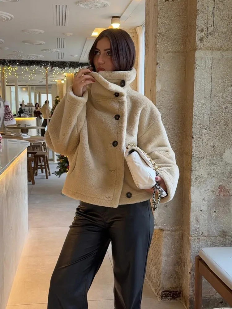 

HH Women 2025 Winter Fashion Versatile Reversible Long Sleeve Jacket Female Stand Collar Single Breasted Pocket Decorated Jacket