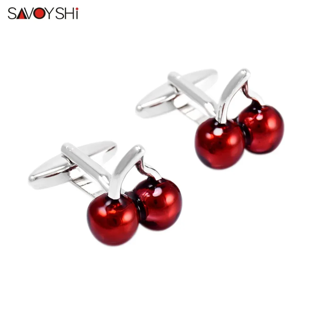 SAVOYSHI Red Enamel Cherry Cuff Link Mens Shirt Cufflinks High Quality Wedding Groom Gift Jewelry Free custom name