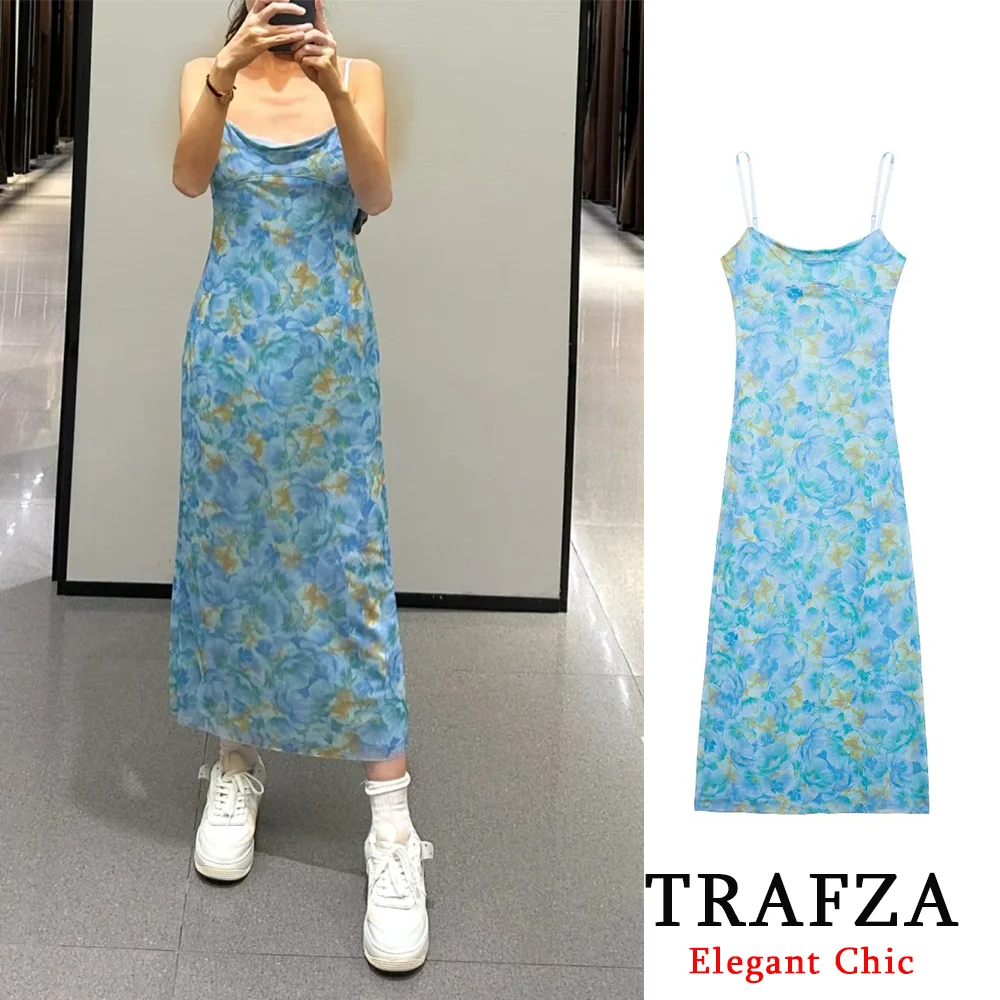 

TRAFZA Vintage Blue Print Mesh Midi Dress Women's Spaghetti Strap Mesh Dress New 2024 Summer Fashion Holiday Beach Party Dress