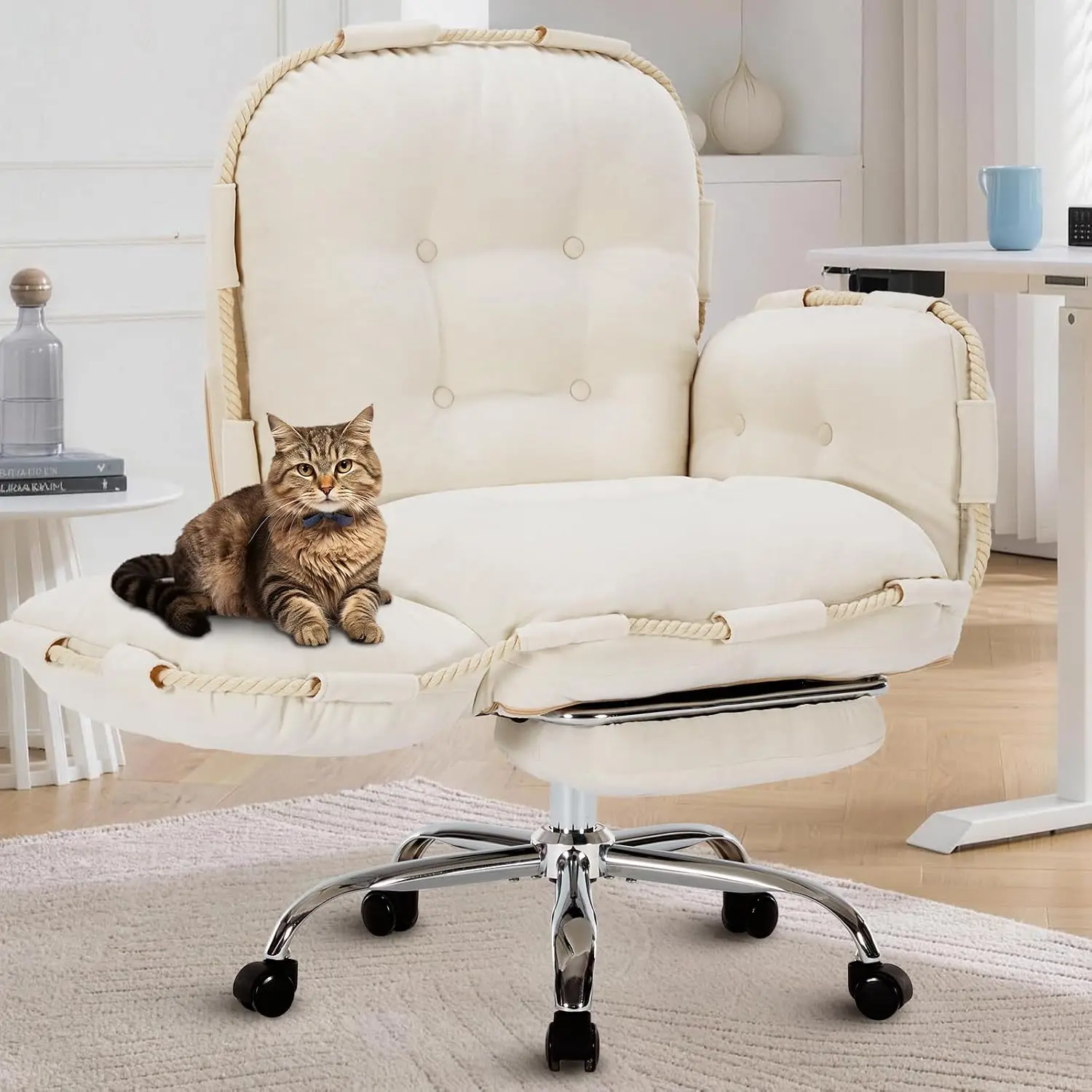 Cross Legged Office Chair with Foot Rest & Flip Armrests Reclining Desk Chair Back & Wheels Home Office Beige, Customized