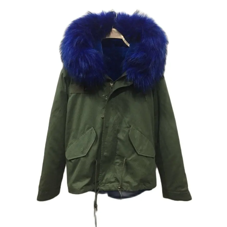 

Gorgeous Women And Men Style Bright Blue Faux Fur Parka Winter Thick Warm Short Coat Faux Fur Collar Trimming