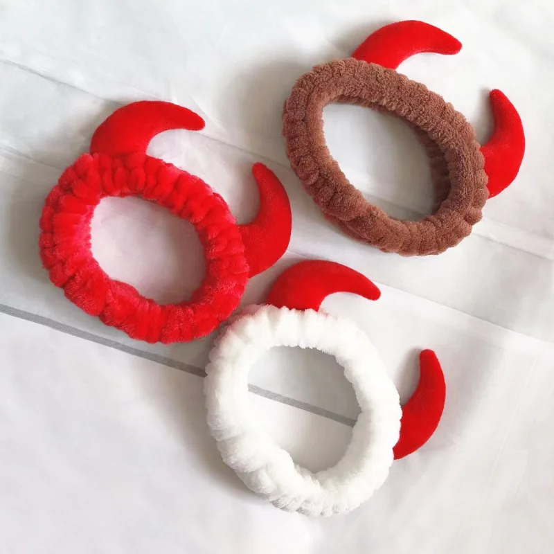 Cute Red Horns Elastic Hairbands for Women Wash Face Sport Soft Plush Rabbit Ears Headband Women Gift Hair Accessories