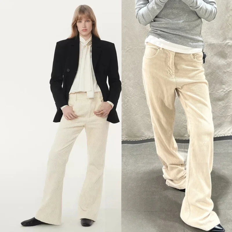 

Новые зимние женские повседневные брюки-клеш из вельвета со средней посадкой, на молнии, из хлопковой ткани, с высоким и низким поясом, нейтральный цвет