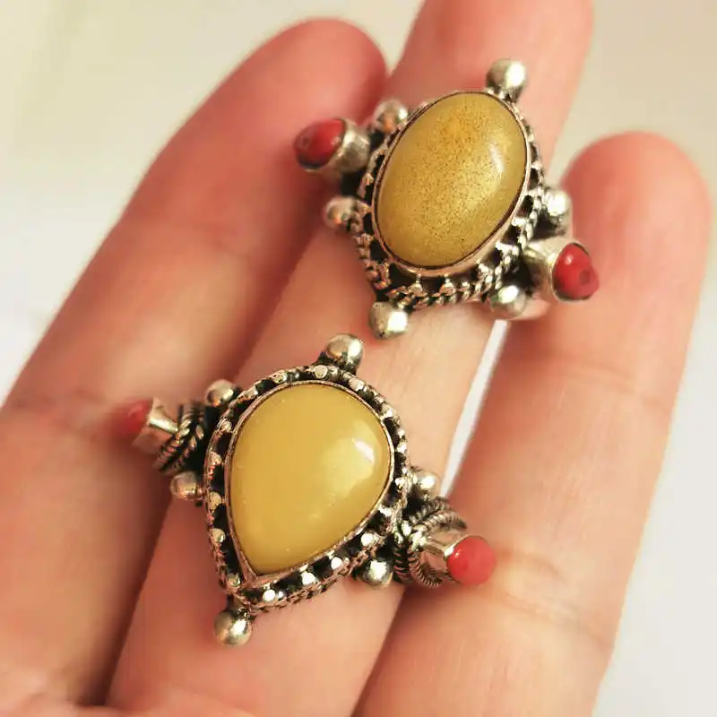 Nepal Hand 925 Silver Inlaid Opal Honeywax Resin Big Rings for Man Vintage Jewelry T9069