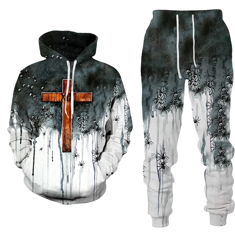 Autumn Fashion New Splicing 3D Printed Hoodie Suit Men Sweatshirts Sweatpants Casual Two Piece Tracksuit Set Men\'s Clothing