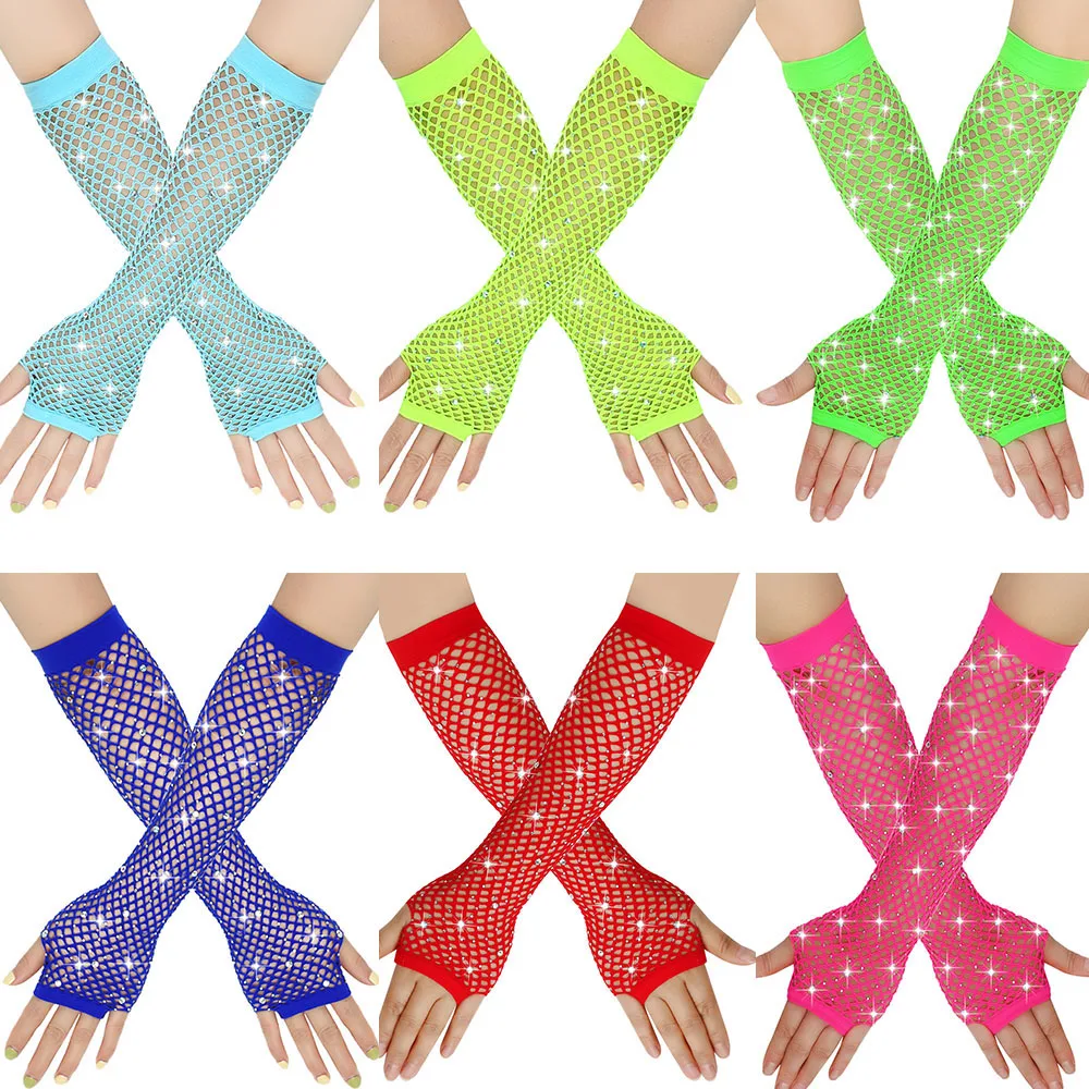 

Sexy Women Long Fishnet Net Gloves Shiny Rhinestone Arm Sleeve Gloves Mittens Fingerless Rock Night Club Punk Mesh Gloves Female