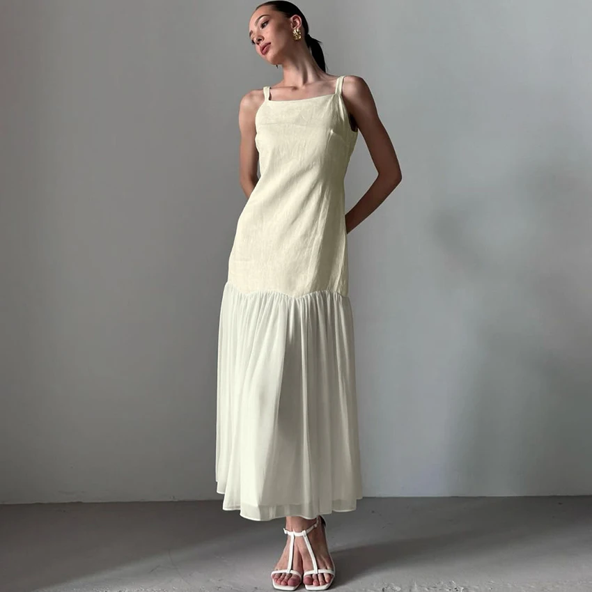 

Linad Summer Elegant Sleeveless Straight Dress Apricot Party Long Dress Women Street Chic High Waist Spaghetti Strap Dress Woman