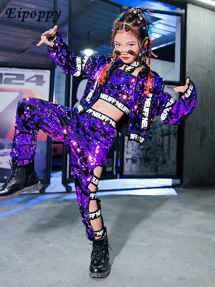 子供用ジャズダンススパンコールスーツ、パフォーマンスコスチューム、クール、美しい女の子、ヒップホップ、流行の服