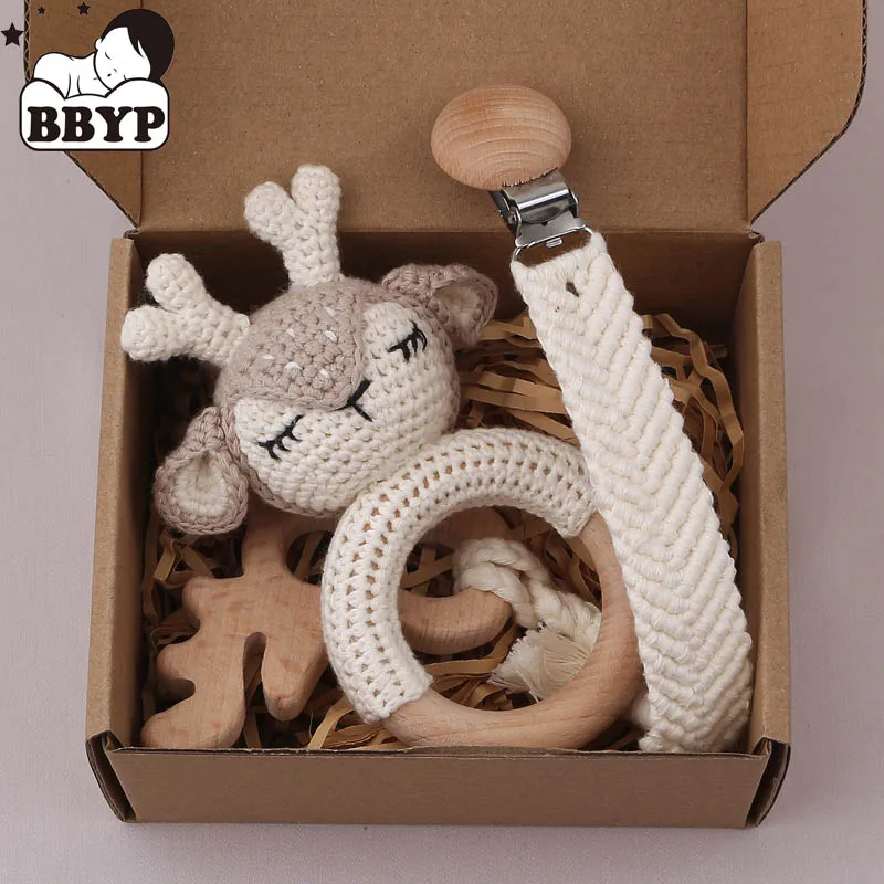 Baby Crochet Rattle Elephant Teether Toys Plush Toys Teething Cotton Towel Wool Brush Weave Gift Box Bath Toys Set
