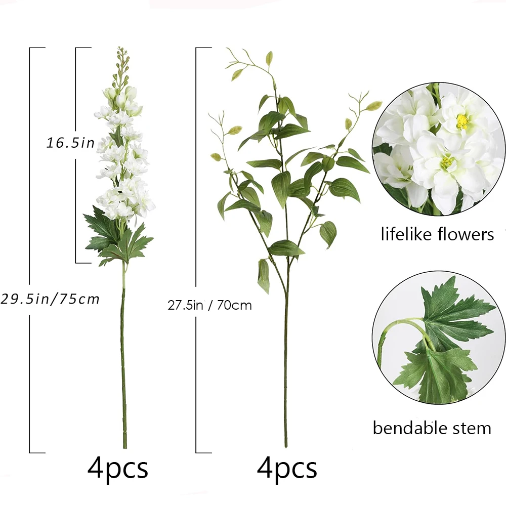 Yannew 8pcs Artificial Delphinium Flowers with Clematis Greenery Long Stem for Wedding Arrangement Table Centerpieces Home Decor