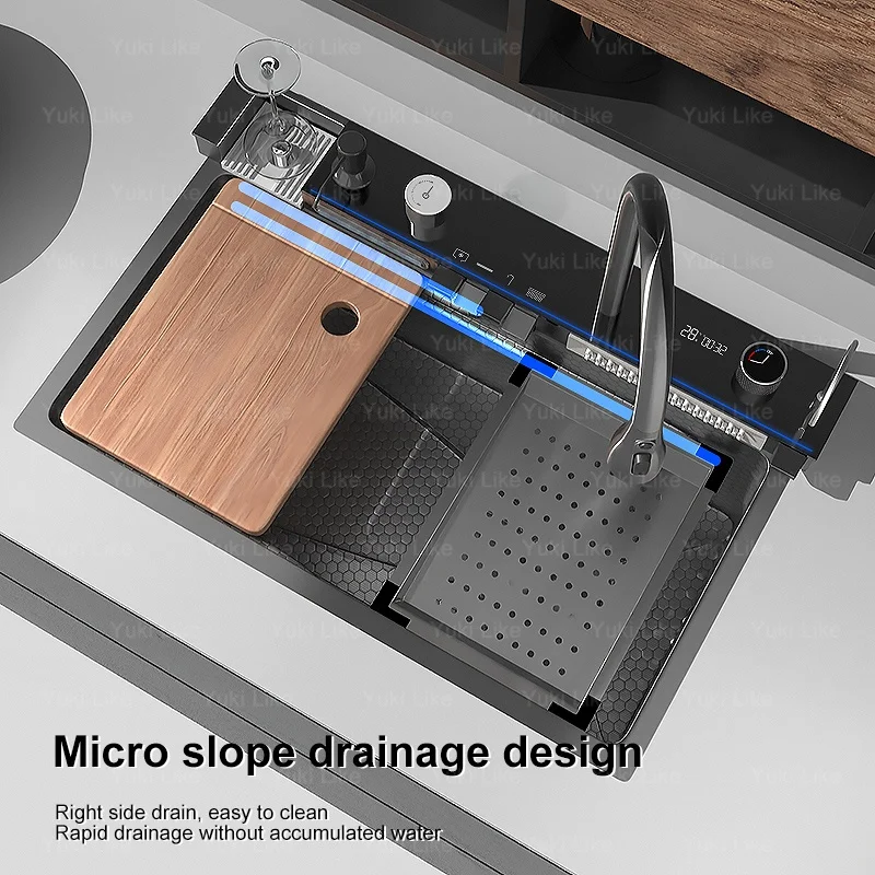Stainless Steel Waterfall Kitchen Sink Golden Large Single Slot Integrated Digital Display Faucet Set Soap Dispenser Cup Washer