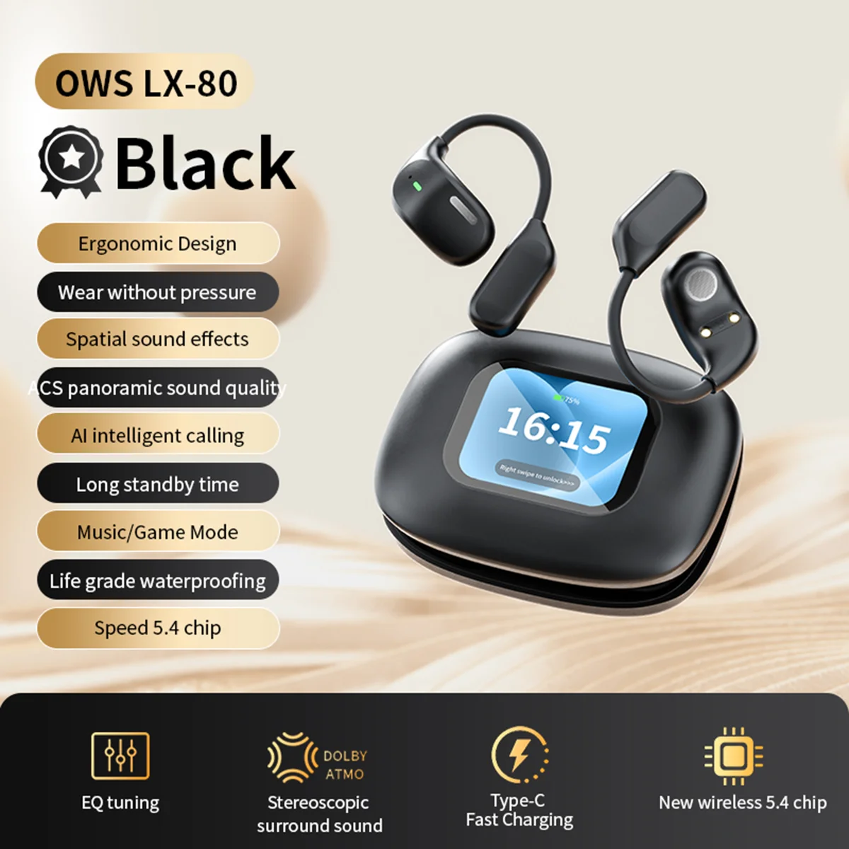 LX-80 OWS Bluetooth Earphone Portable Earhook Freeshipping Wireless Earbuds with Low Bass High Quality Airpods with Smart Screen