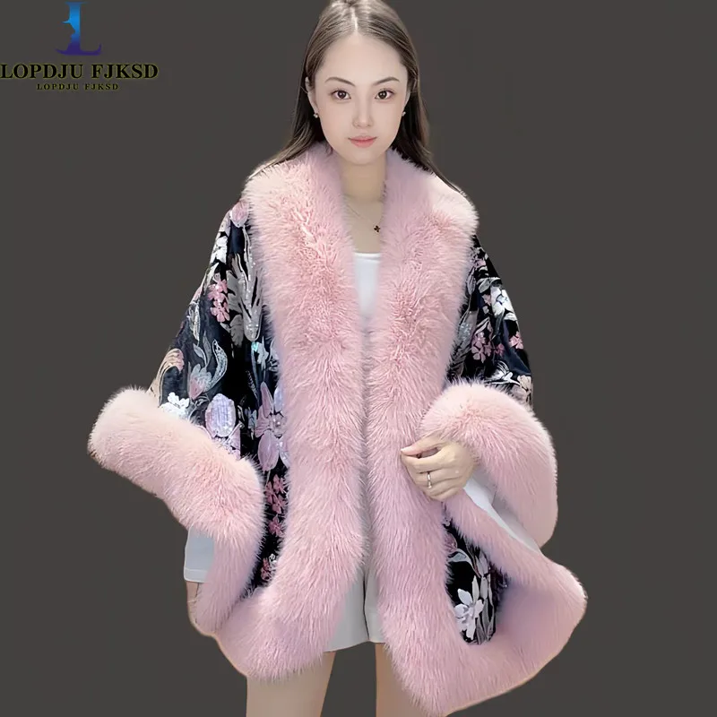 Faux Fur Coat for Women,Chinese Style Jacket,Batwing Sleeve Overcoat,Sequins Spliced ,Female Clothes, Fur Collar,Winter,2025