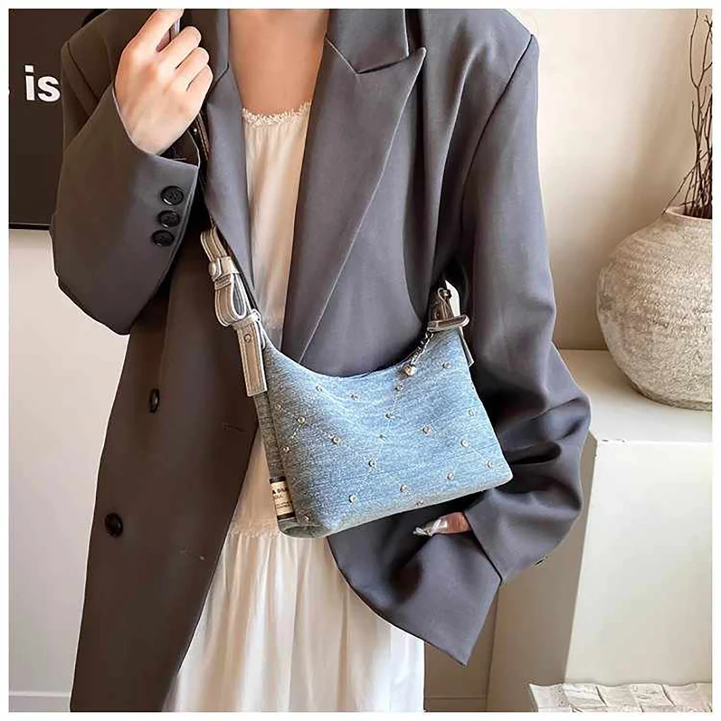 

Женские джинсовые сумки через плечо со стразами, корейские повседневные стильные сумки на молнии, модные универсальные джинсовые сумки для девушек