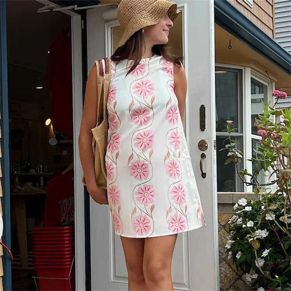 Zach Ailsa Autumn New Women's Fashion Style Slimming Round Neck Sleeveless Flower Printed Shorts Dress