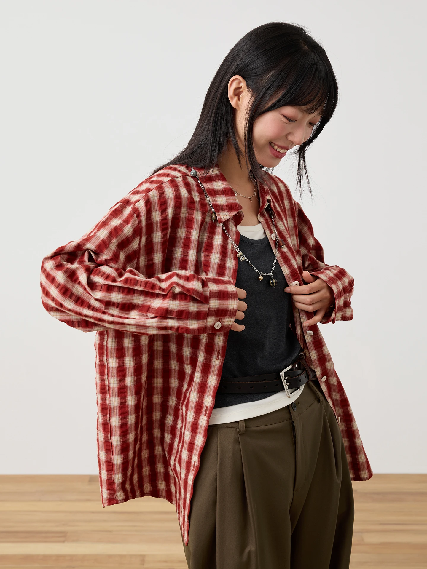 

Octopusme Classic Plaid Loose Long Sve irt Women's Early Spring Thin Outerwear Top Vintage Sle Pure Cotton Button up
