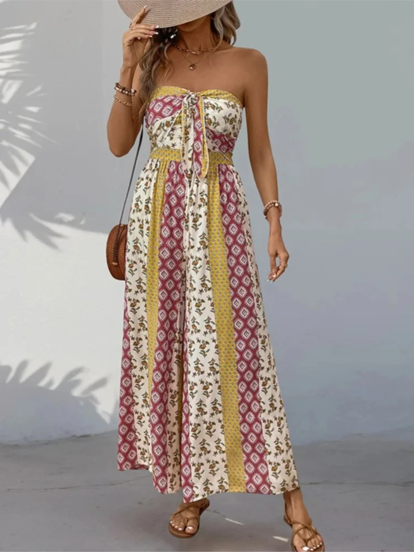 新しいレディースサマーファッション、エスニック柄プリントのカジュアルなノースリーブストラップレスジャンプスーツ、ワイドレッグパンツ