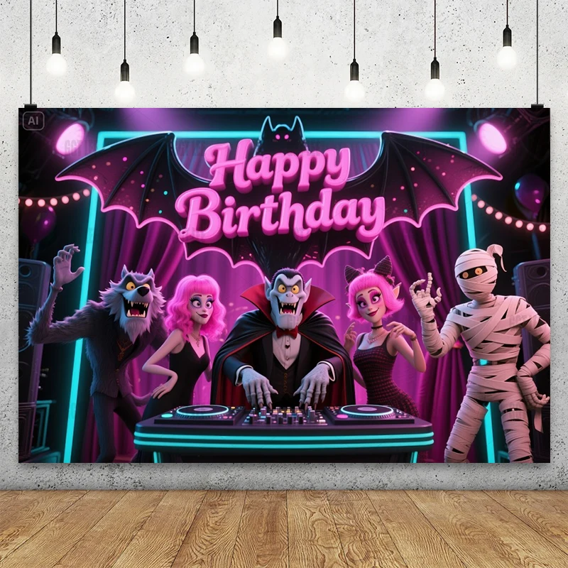 

MINISO Hotel T Costume Party-Wayne Mummy Dracula Banner Vinyl Decor Photography Happy Birthday Background Photo Custom Backdrop