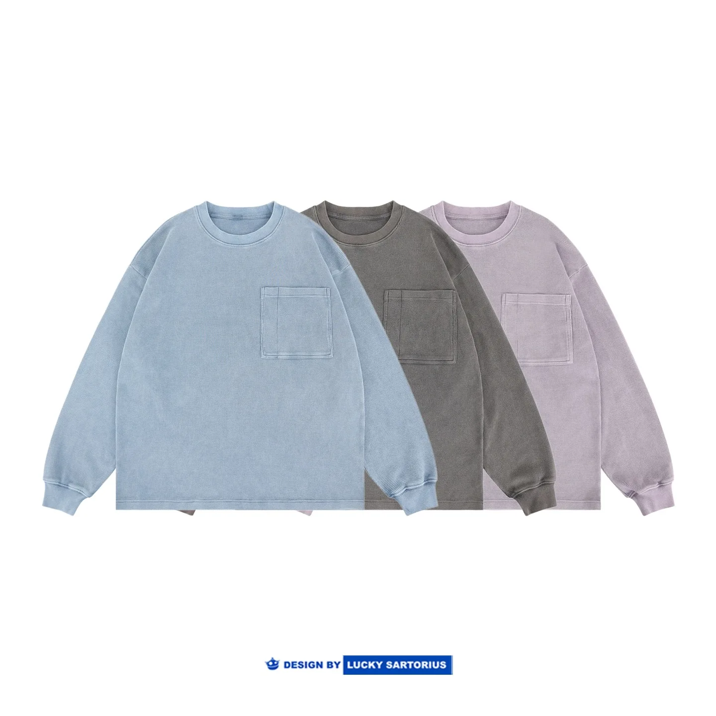 

Japanese Patch Pocket Waffle Washed Loose Shoulder Tops Round Neck Long Sleeved T-shirt for Men