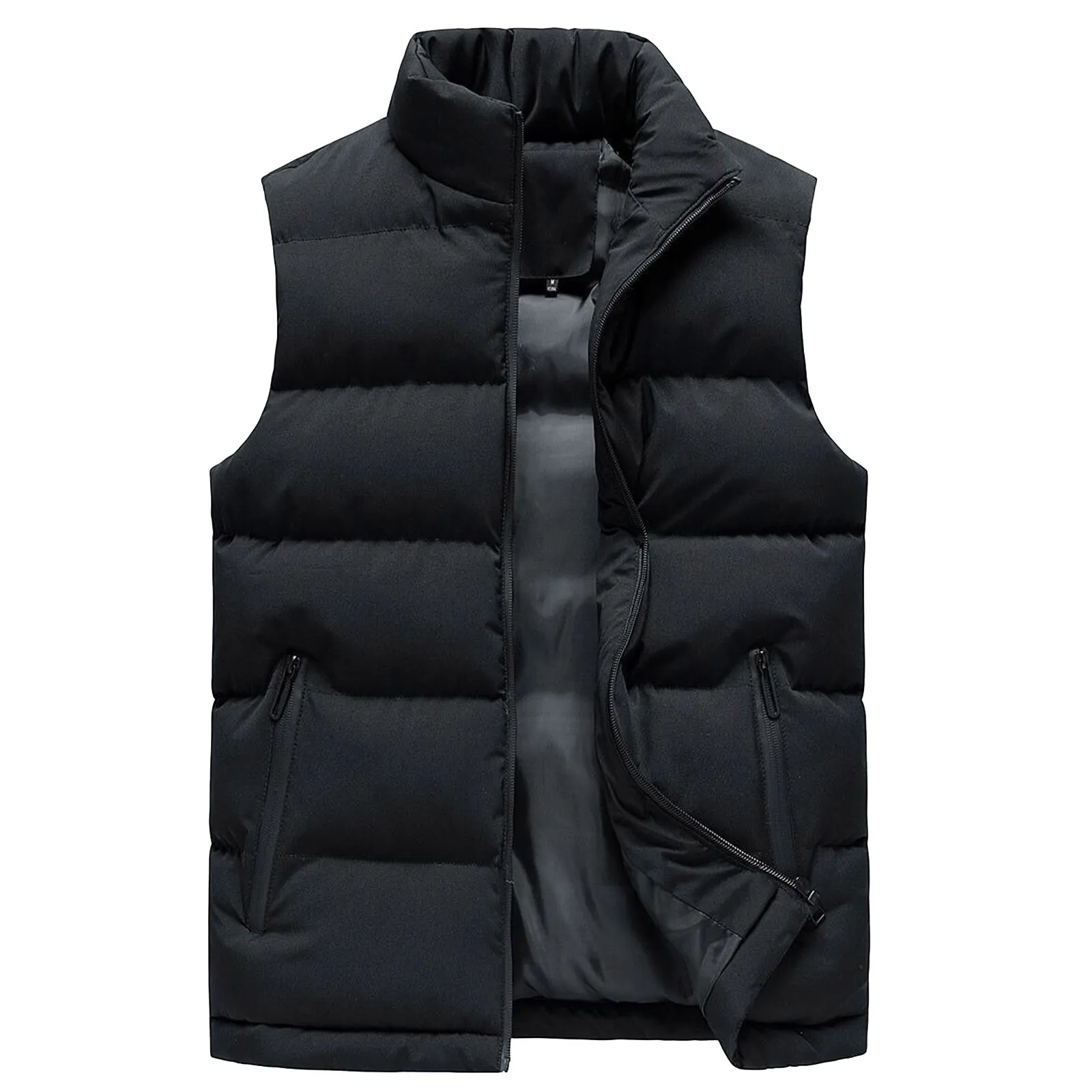 Chaleco cálido básico negro para hombre, chaquetas sin mangas, cuello alto, cremallera, bolsillos, talla grande, Otoño e Invierno