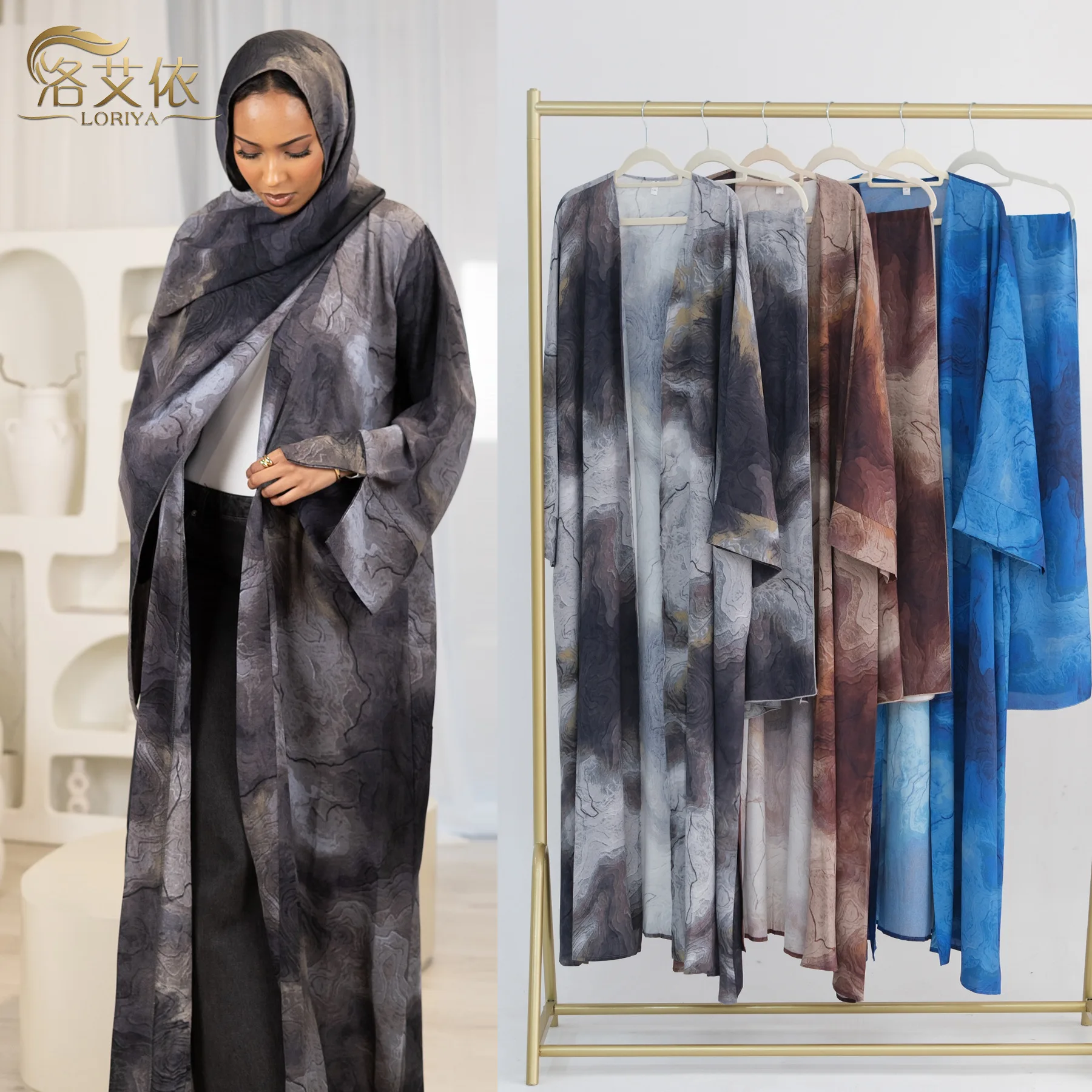 

Dubai Muslim New Fashion Women's Printed Elegant Casual Trendy Loose 2 Piece Sets Long Sleeve Cardigans Headscarf Female Abaya