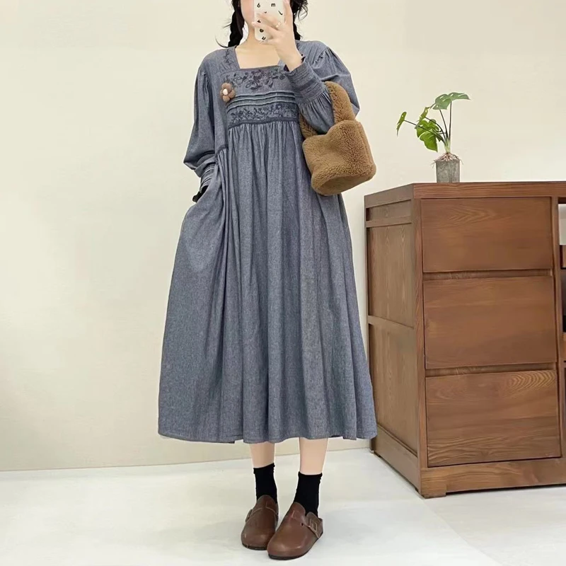 Johnature Japanese Embroidery Pressed Pleated Two-color Cotton Linen Dress Spring New Retro Simple Square Neck Women Dresses