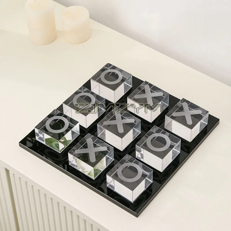 Modern Minimalist XO Square Crystal Chessboard Decorative，Black and White Crystal for Living Room Desktop Small Ornament