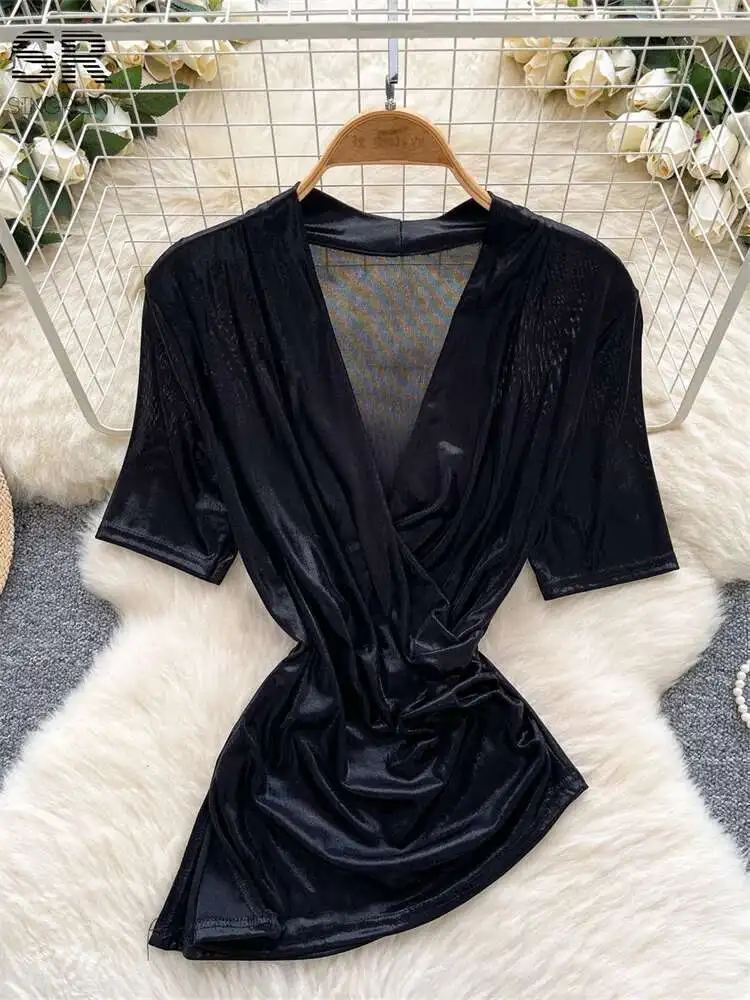 

BabYoung Women Sexy Streetwear Blouse Ladies Short Sleeves V Neck Split Shirts Summer Fashion Hot Girl Slim Irregular Tops