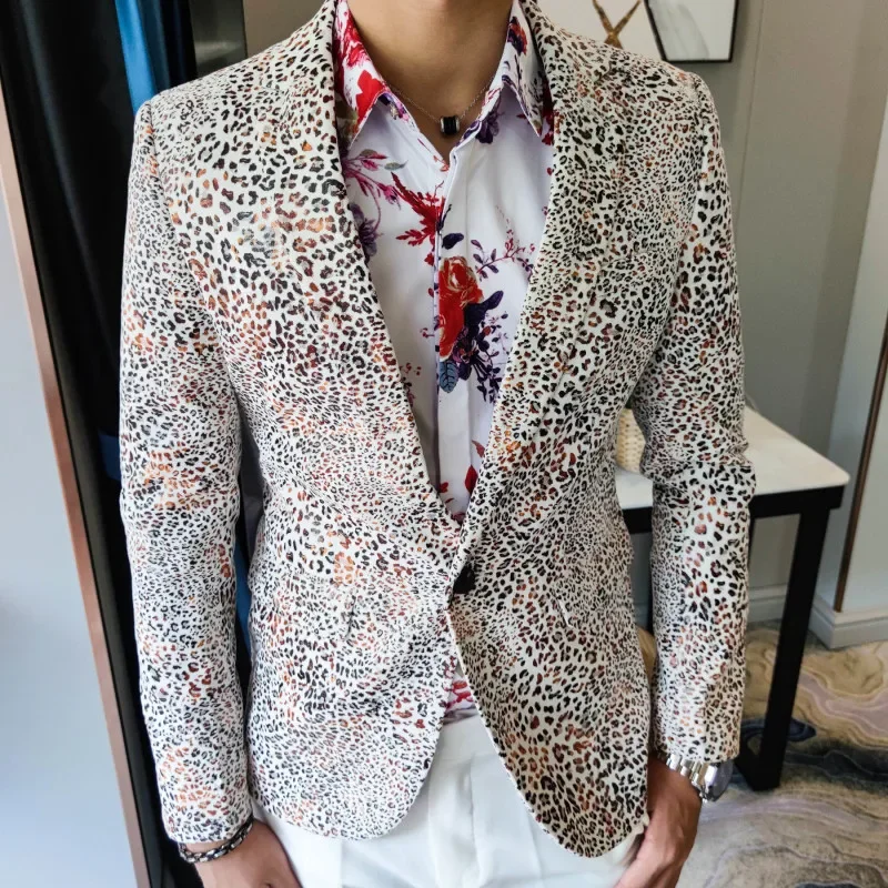 

British Night Club Outfits Blazer Hombre Casual Flower Masculino Fall Leopard Single Suit Fashion Man Slim Suit Blazer Masculino