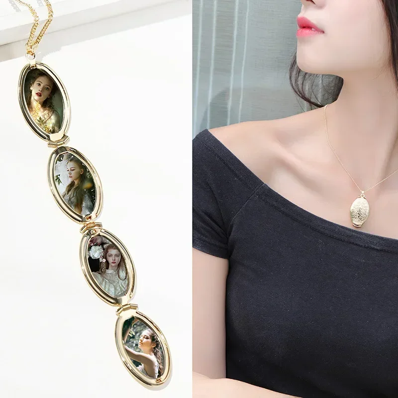 Gold Silver Color  Carved Hollow Oval Pendant Multi-Layer Folding Women Necklace Openable Photo Frame Family Love Jewelry