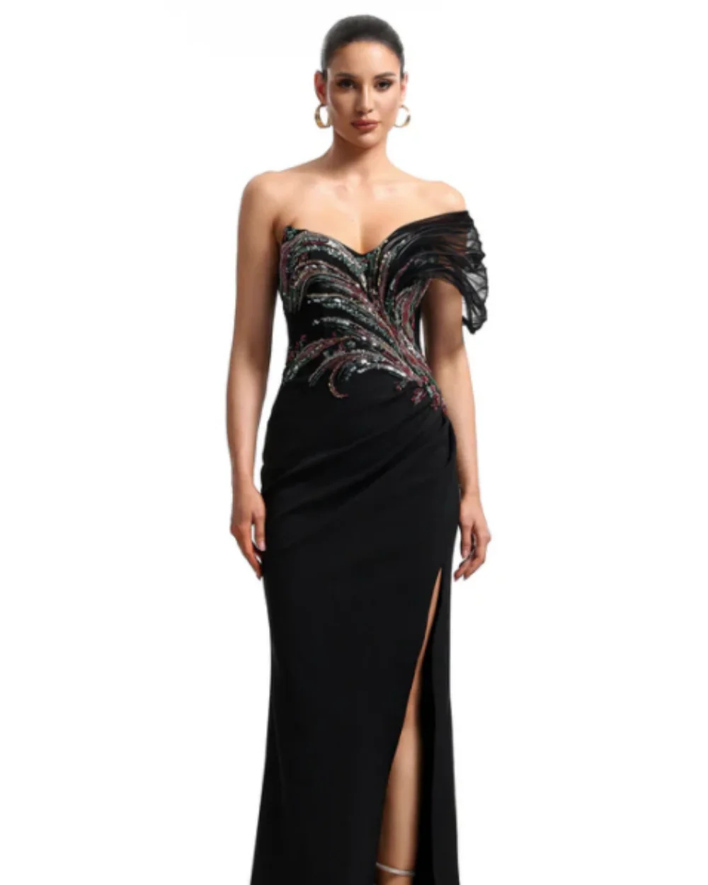 

Customized Exquisite Sexy Black Jersey Sequined Ruched Prom Dresses Fashion Sweetheart High Slit Evening Dresses Sizes Available