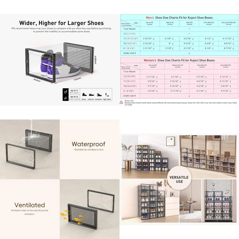 透明プラスチック製靴収納ボックス、12個パック、靴やおもちゃ用の積み重ね可能なオーガナイザー、ブラック