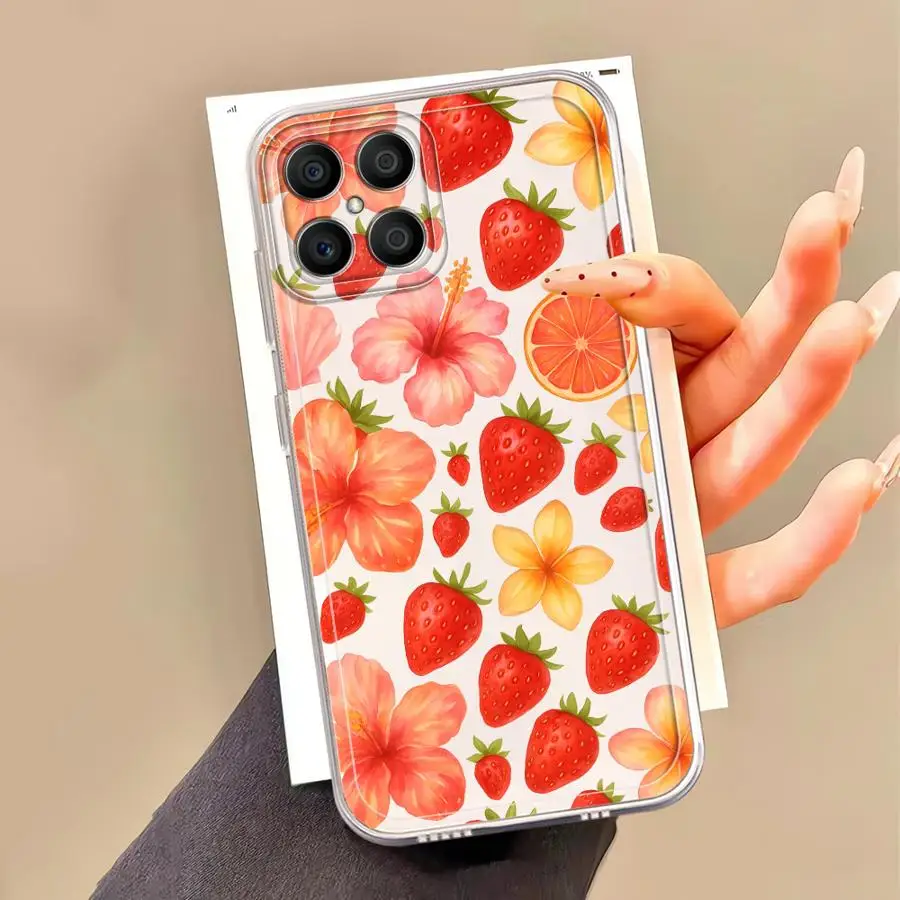 Coque à motif de fraise imprimé dessin animé, transparente et souple, pour Honor X9b X9a 90 Lite Y9 Prime 2019 X8b X7b