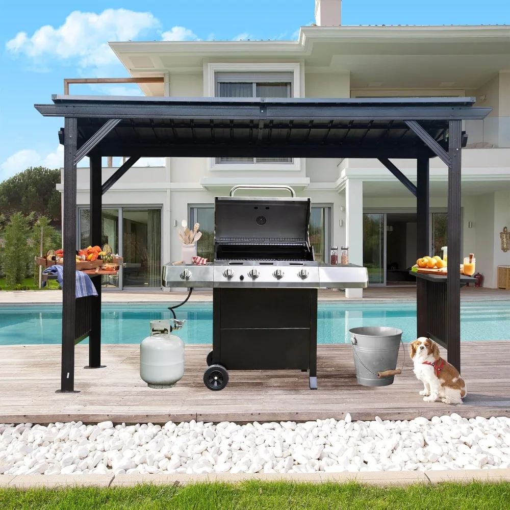 6.5x12FT Hardtop Grill Gazebo,Outdoor BBQ Gazebo with 2 Side Shelves and Ceiling Hook,Galvanized Steel Slope Roof for Patio Lawn