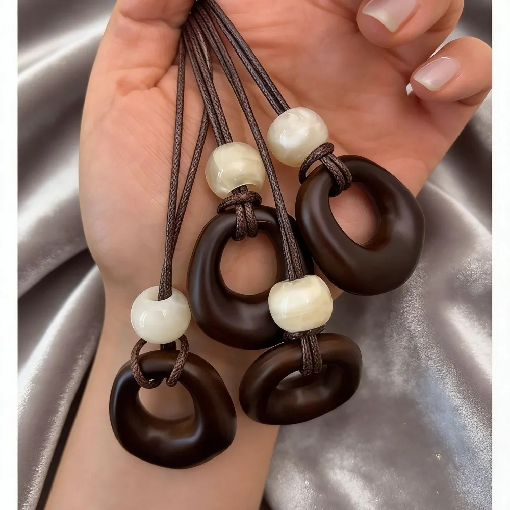 Irregular Hollow Circular Resin Pendant Leather Rope Adjustable Length Geometric Pendant Wooden Circular Circle Pendant Women