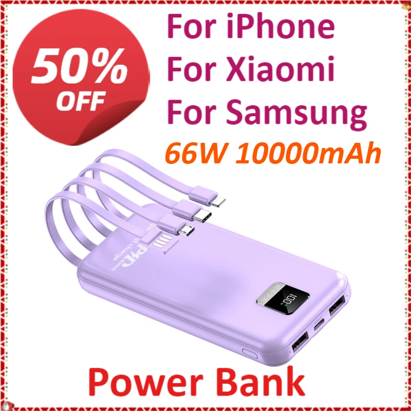 

66W 10000mAh Portable Power Bank Fast Charging For iPhone For Xiaomi For Samsung With USB Type C/Lightning/Micro USB