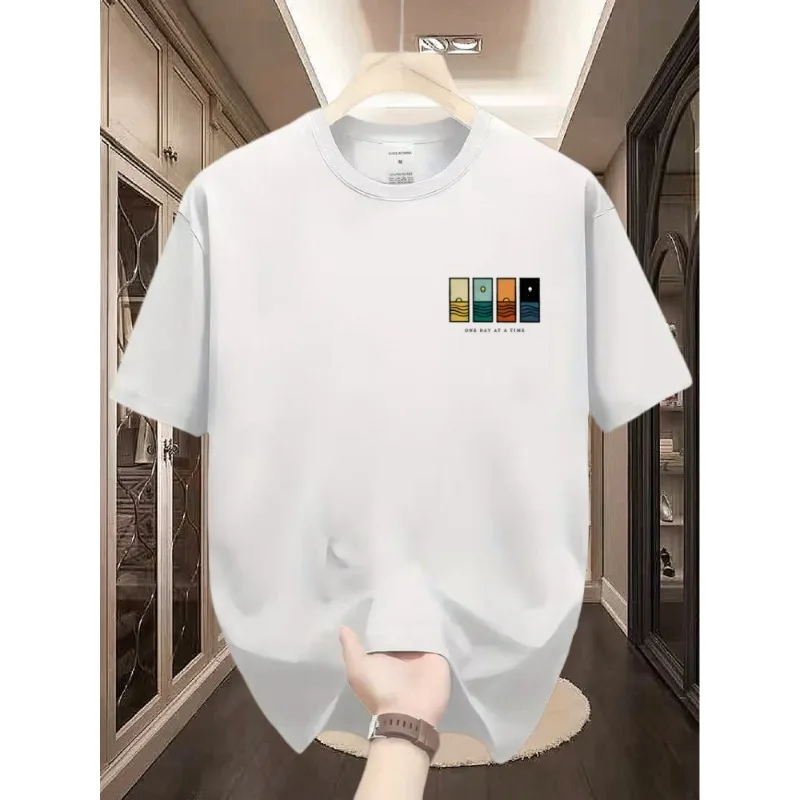 Camiseta masculina com estampa minimalista no peito Sea Sunset Four Blocks One Day At A Time, algodão, manga curta, gola redonda, casual, verão, top básico diário